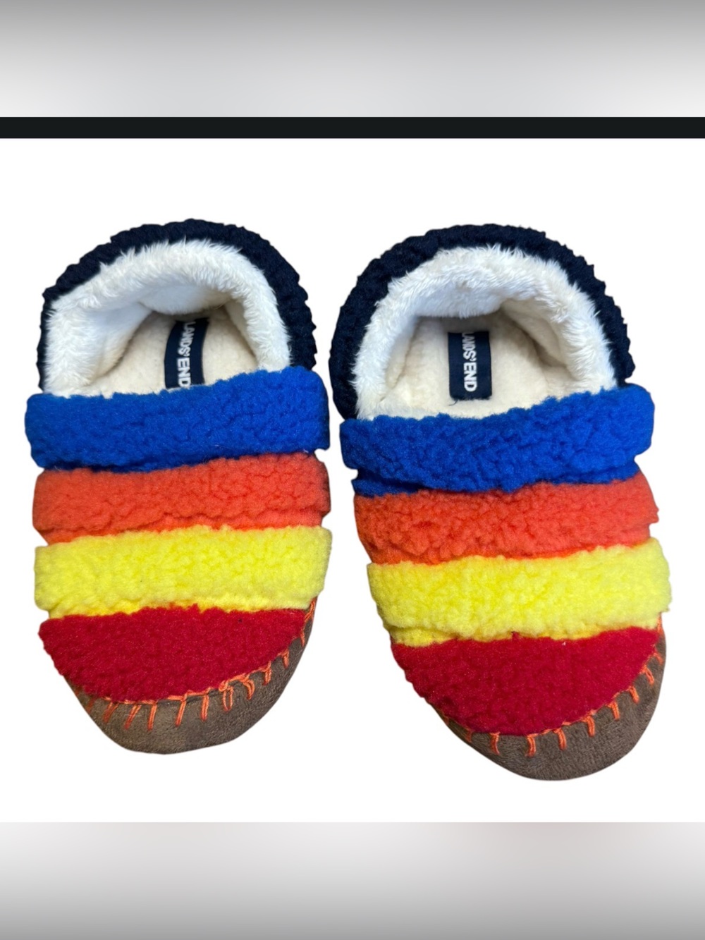 Like new! Lands End Size 13 Colorful Striped Fleece Slippers Faux Fur